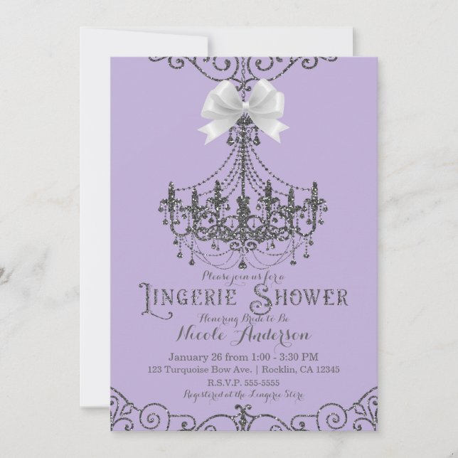 Invitation Lingerie de douche violet et argent à ruban blanc (Devant)