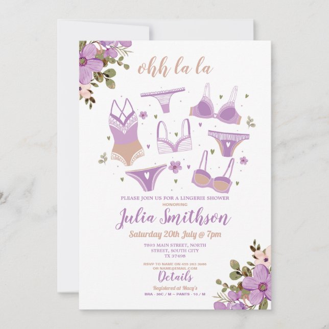 Invitation Lingerie Douche fête nuptiale Floral Feminine Lila (Devant)