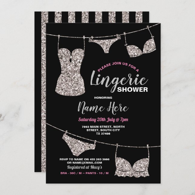 Invitation Lingerie Douche mariée Parties scintillant argent  (Devant / Derrière)