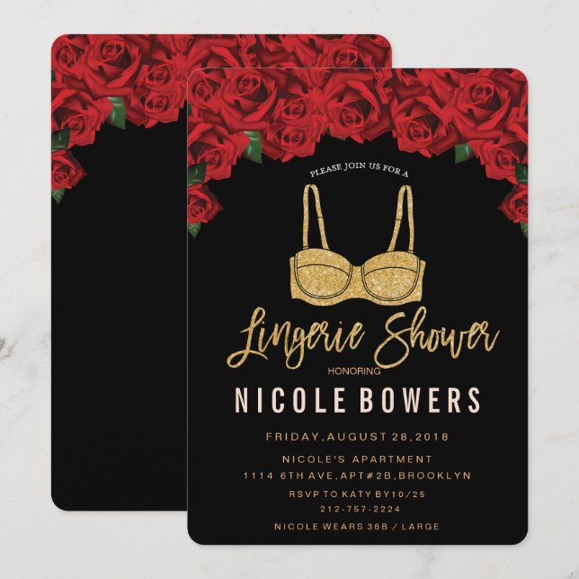 Invitation Lingerie Douche Rouge Roses Parties scintillant In (Devant / Derrière)