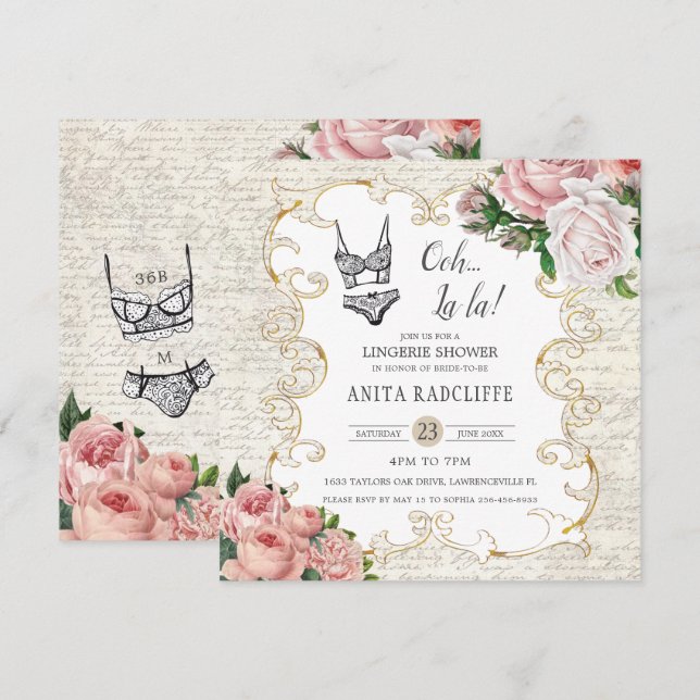 Invitation Lingerie Douche Vintage Rose Antique Frame (Devant / Derrière)