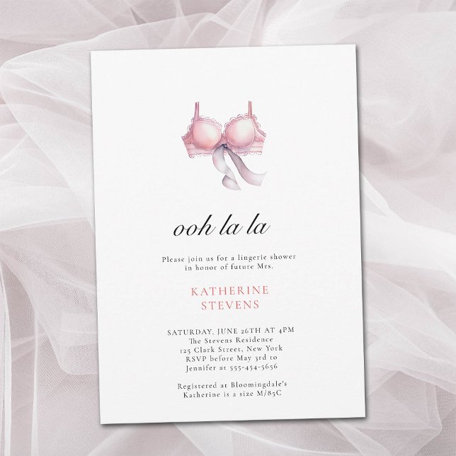 Invitation Lingerie Party Ooh La La Ribbon Fête des mariées (lingerie party invitation bridal pink bra black ribbon watercolor pretty illustration minimalist )