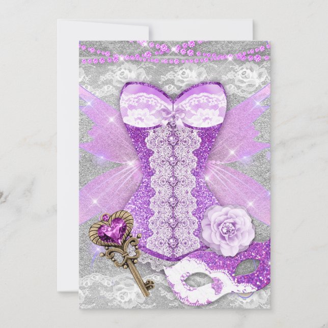 Invitation Lingerie Party Purple Clé Corset Masque Argent (Devant)