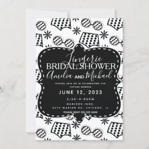 Invitation Lingerie Rétro Floral Doodles Noir Enterrement de 