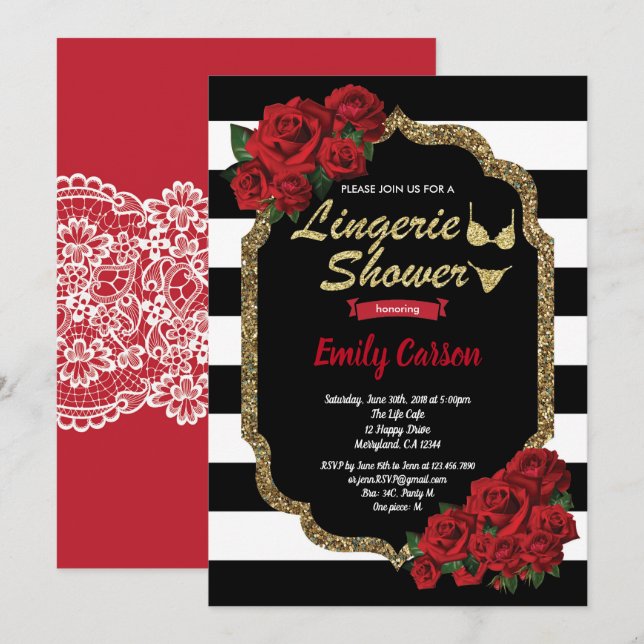 Invitation Lingerie rose rouge douche noir et or (Devant / Derrière)