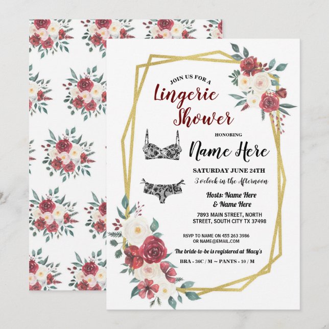 Invitation Lingerie sous douche Gold Aquarelle Fleurs Rouges  (Devant / Derrière)