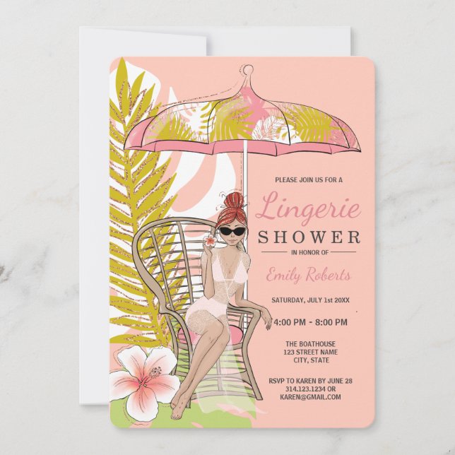 Invitation Lingerie Tropicale Mariée Roux sous la Douche (Devant)