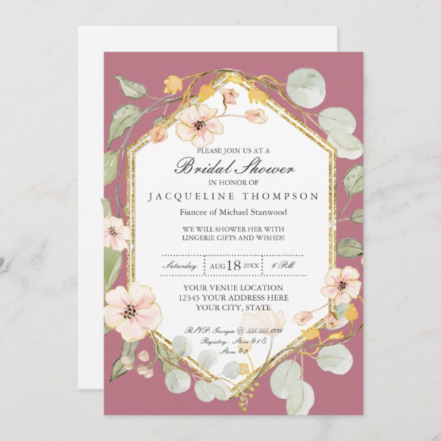 Invitation Lingerie Wedding shower Berry Rose Aquarelle (Devant / Derrière)