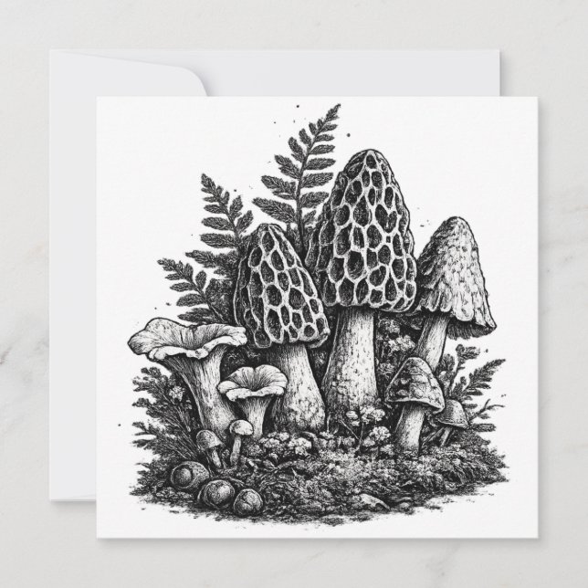 Invitation Linogravure de champignons forestiers vintage (Devant)