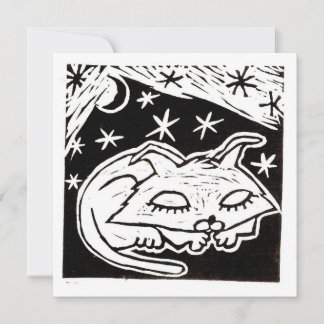 Invitation Linogravure de chat rêvant entre les étoiles