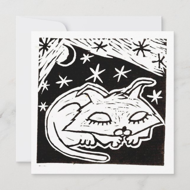 Invitation Linogravure de chat rêvant entre les étoiles (Devant)