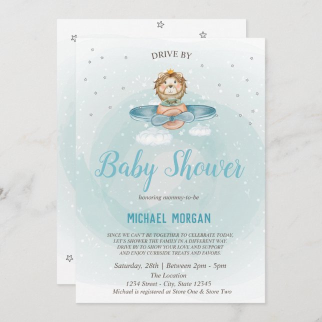 Invitation Lion Avion Conduite Par Baby shower (Devant / Derrière)