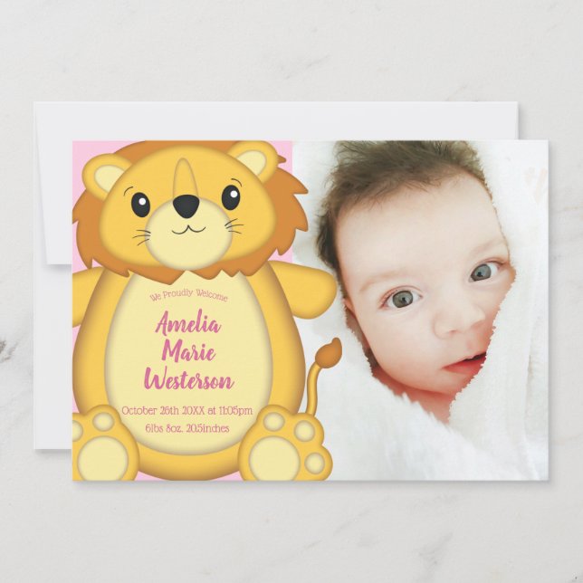 Invitation Lion Baby shower rose (Devant)