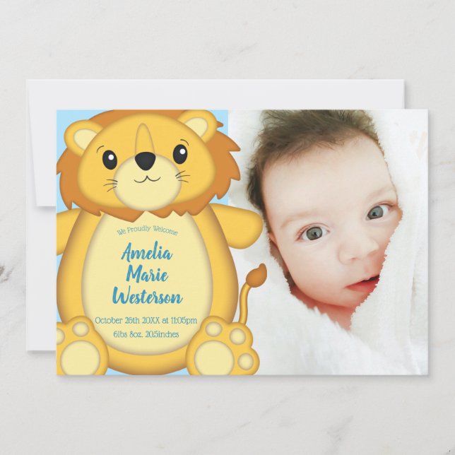 Invitation Lion Baby shower Zoo Circus Blue Boy (Devant)