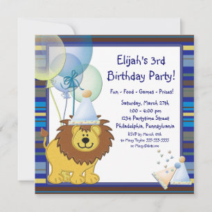 Invitation Lion Balloons Boy 3ème anniversaire fêté Invitatio