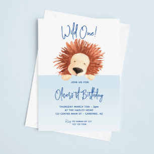 Invitation Lion Bébé Bleu 1er Anniversaire