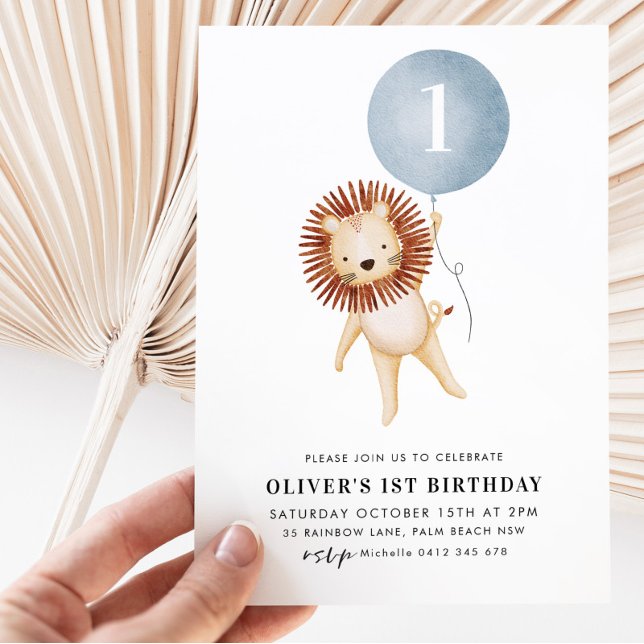 Invitation Lion Blue Balloon Boys 1ère fête d'anniversaire (Créateur téléchargé)