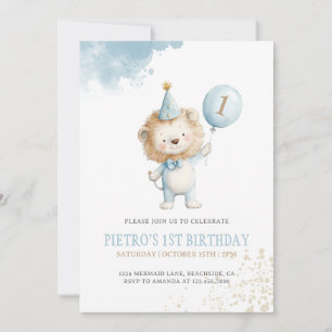 Invitation Lion Blue Balloon Boys 1ère fête d'anniversaire