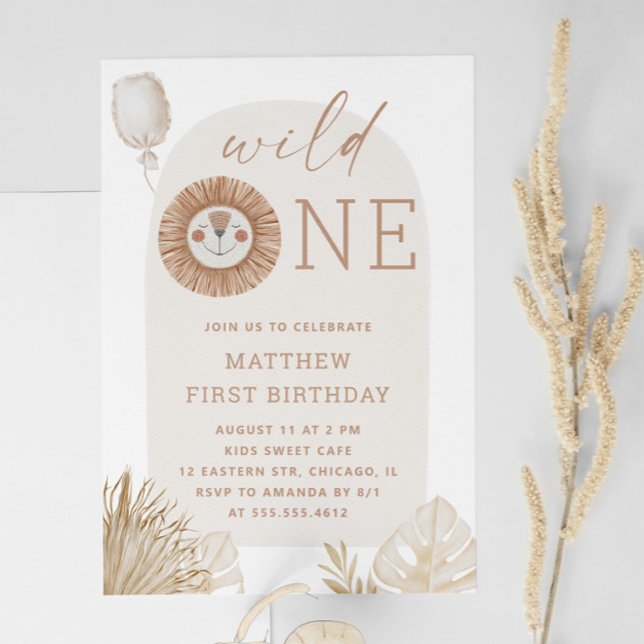 Invitation Lion boho minimal | Fête du 1er anniversaire sauva (Créateur téléchargé)
