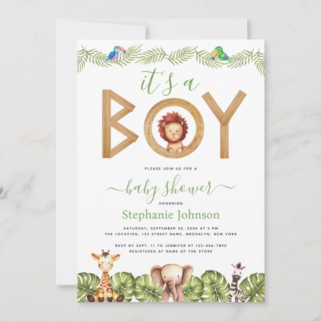 Invitation Lion Boy Baby shower Safari Animaux Jungle Feuille (Devant)