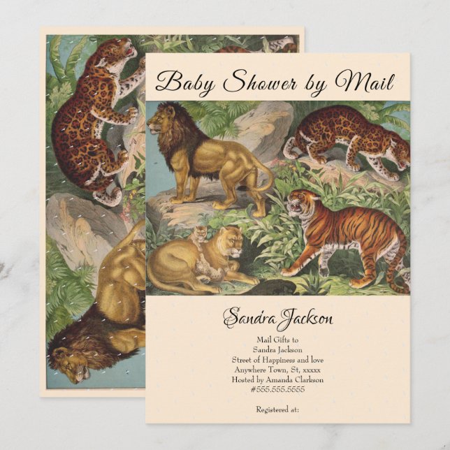 Invitation Lion cat jungle Sexe neutre Baby shower par courri (Devant / Derrière)