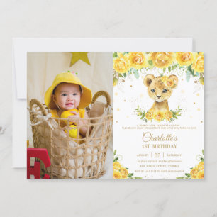 Invitation Lion Cub Jaune Floral Or 1er Anniversaire Photo