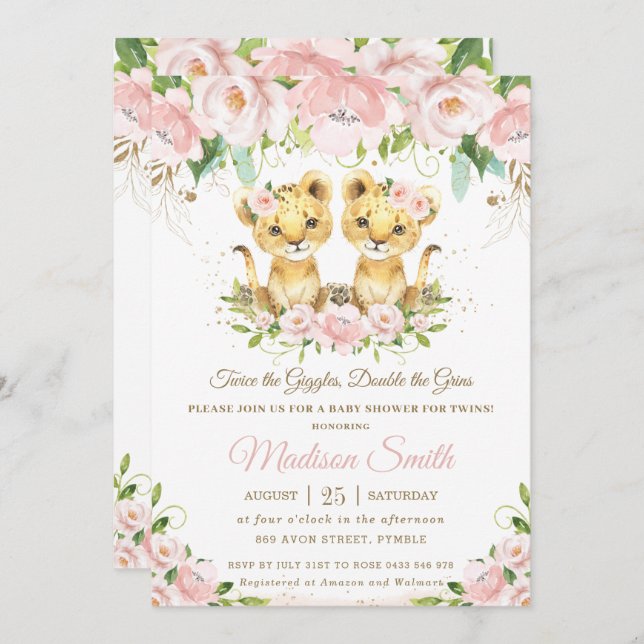 Invitation Lion Cubs Blush rose Floral Twins Baby shower (Devant / Derrière)