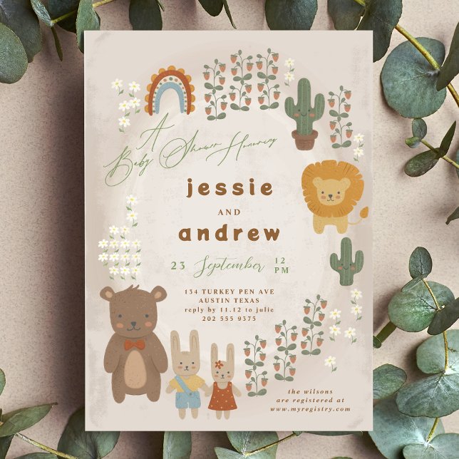 Invitation lion de l'ours cactus bois unisex Baby shower (Créateur téléchargé)