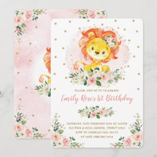 Invitation Lion floral rose vif 1er anniversaire fille sauvag