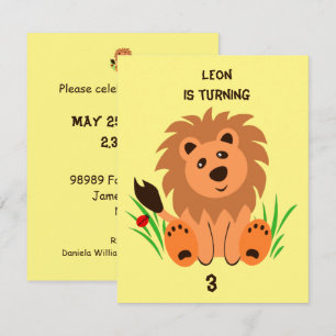 Invitation Lion mignon dans l'herbe avec coccinelle, annivers