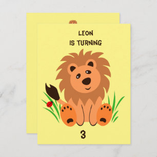 Invitation Lion mignon dans l'herbe avec coccinelle, annivers