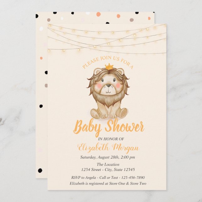Invitation Lion mignon, Éclairage à cordes, Baby shower à poi (Devant / Derrière)