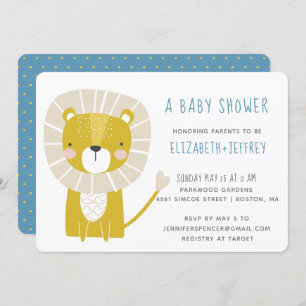 Invitation Lion mignon moderne bébé garçon bleu jaune