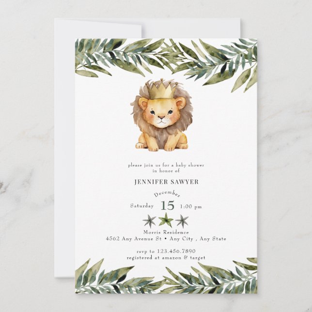Invitation Lion mignon | Prince | Baby shower aquarelle (Devant)