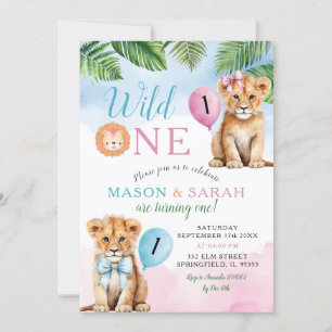 Invitation Lion Safari Twins avec Bow Wild Un Anniversaire