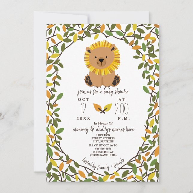 Invitation Lion Safari Vines Baby shower Verdure (Devant)