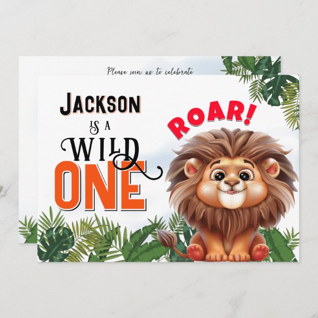Invitation Lion Safari Wild One Anniversaire de enfant Party (Devant / Derrière)