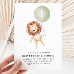 Invitation Lion Sage Green Balloon Garçons 1er Anniversaire<br><div class="desc">Une invitation d'anniversaire pour un petit garçon avec un lion et des ballons vert sauge -  Le thème parfait pour le premier anniversaire de votre petit garçon. Le numéro sur le ballon peut être modifié pour un 2ème anniversaire ou tout âge !</div>