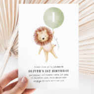 Invitation Lion Sage Green Balloon Garçons 1er Anniversaire
