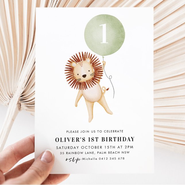 Invitation Lion Sage Green Balloon Garçons 1er Anniversaire  (Créateur téléchargé)