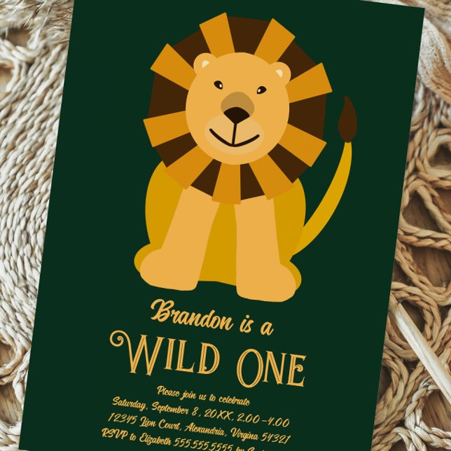 Invitation Lion Wild One premier anniversaire Or et vert (Créateur téléchargé)