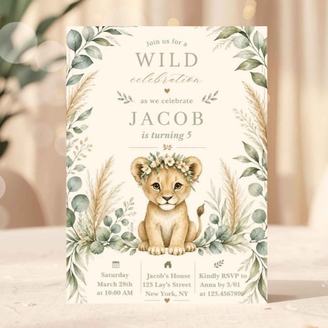 Invitation Lionceau Anniversaire Végétation Aquarelle (wild one invitation, lion birthday invite, safari birthday invitation, jungle birthday party, lion c)
