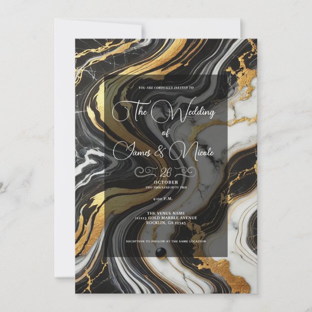 Invitation Liquide Doré Noir Blanc Aspect Marbre Mariage Glam (Devant)