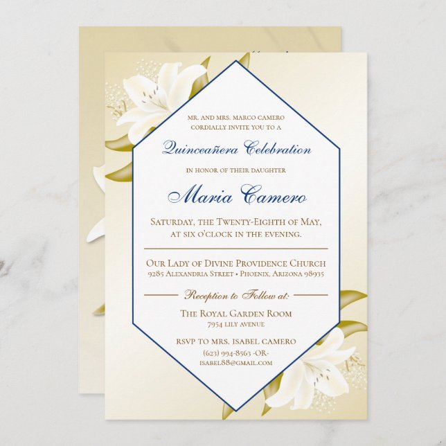 Invitation Lis d'or et bleu marine Quinceañera (Devant / Derrière)