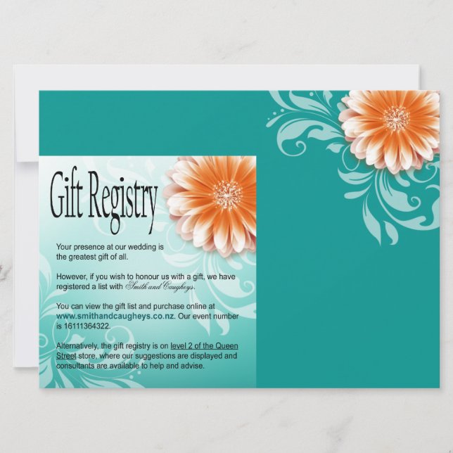 Invitation Liste de cadeaux Gerbera Marguerite Orange Aqua (Devant)