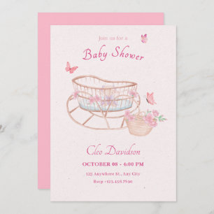 Invitation Lit bébé rose doux fleuri