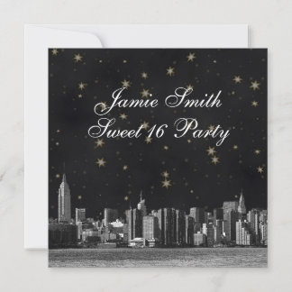 Invitation Lithographie de la skyline de NYC #3 Noir Or Étoil