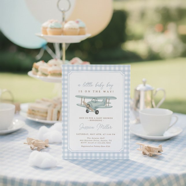 Invitation Little Aviator Blue Gingham Garçon Baby Shower (Créateur téléchargé)