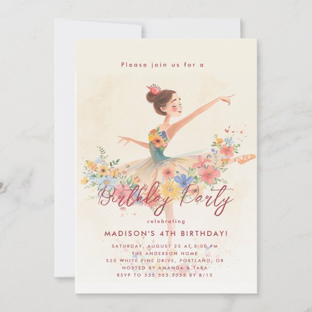 Invitation Little Ballerina et fête d'anniversaire fleurie (Devant)