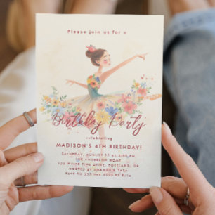 Invitation Little Ballerina et fête d'anniversaire fleurie